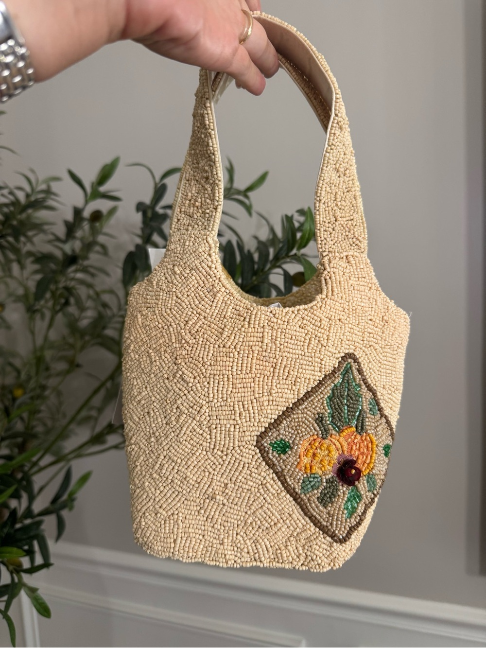 Made in India beaded tote bag with embroidered pumpkin and leaf design - Picture 3 of 6